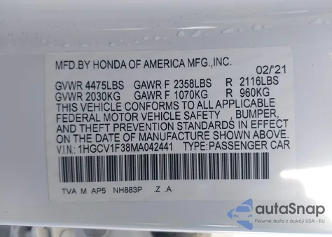 2021 Honda Accord Sport z USA, uszkodzony, nr VIN 1HGCV1F38MA042441